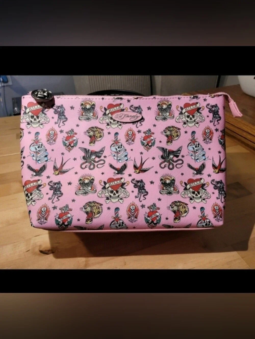 Ed Hardy Pink Tattoo Print Cosmetic Bag